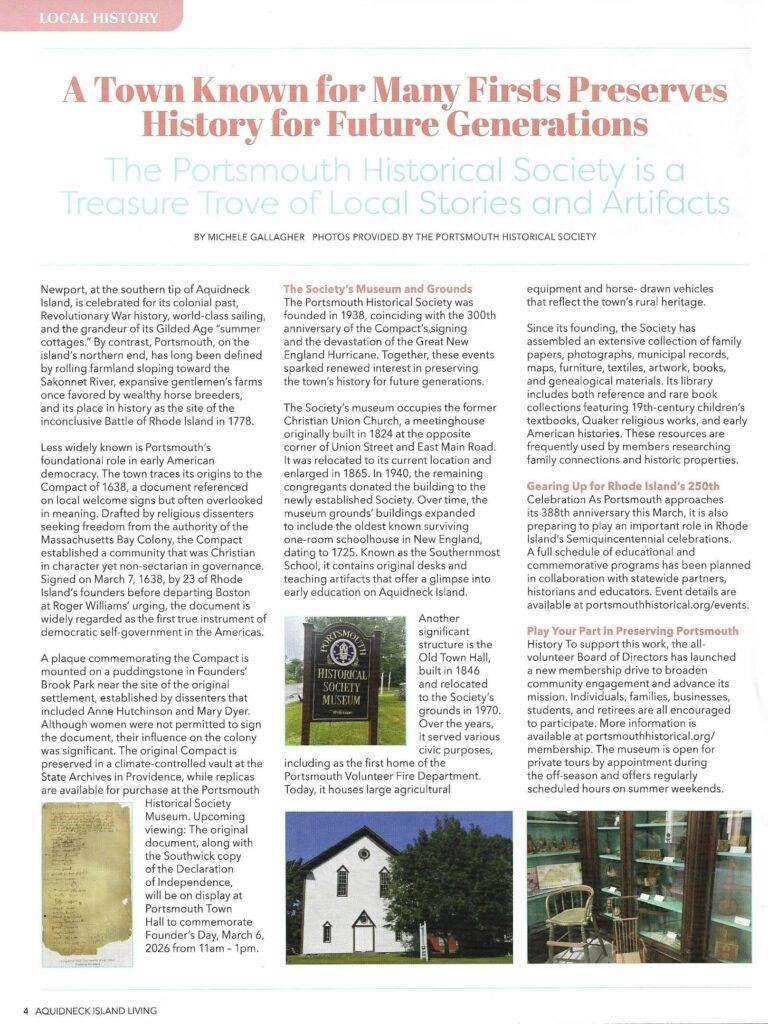 February 2026 Aquidneck Island Living Magazine Portsmouth Historical Society Article